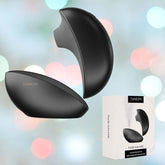 A sleek, Svakom Pulse Galaxie Air Pulse Stimulator in Midnight Black is elegantly displayed against a soft, abstract background. Accompanying it is a white product box showcasing an image of the Svakom Pulse Galaxie with the text "Pulse Galaxie," emphasizing its innovative suction effect.